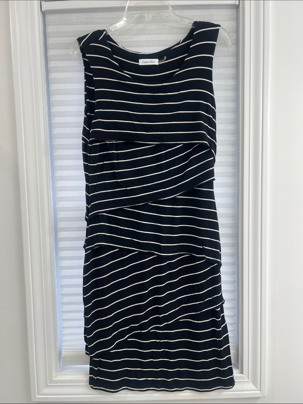Calvin Klein Black & White Striped Layered Sleeveless Dress